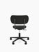 Rear view of the Co Task Chair, Fully Upholstered, with black fabric, a black five-star base with casters and a silver lift.