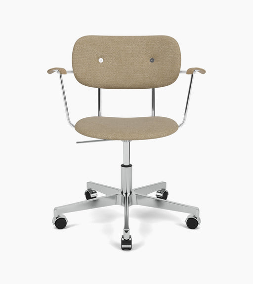 Audo's Co Task Chair, fully upholstered in beige fabric, with armrests and an aluminium five-star base with casters.