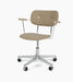 Co Task Chair with beige fabric, oak armrests, and polished aluminium base. The backrest has two metallic button details.