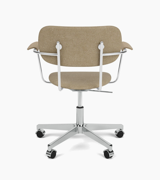 Back view of the Co Task Chair with beige upholstery and armrests, on an aluminium five-star base with casters.