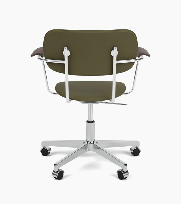 Back of the Co Task Chair, olive green upholstery. The chair features dark wood armrests and a chrome aluminium swivel base.