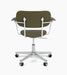 Back of the Co Task Chair, olive green upholstery. The chair features dark wood armrests and a chrome aluminium swivel base.