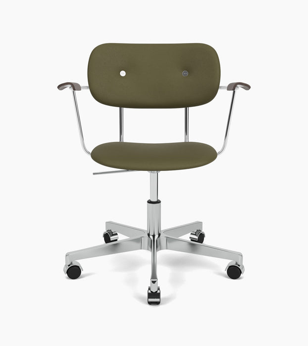 Front view of the Co Task Chair, upholstered in olive green fabric, with a polished aluminium base, casters, and armrests.