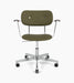 Front view of the Co Task Chair, upholstered in olive green fabric, with a polished aluminium base, casters, and armrests.