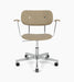 Front view of the Co Task Chair, upholstered in light brown fabric, with an aluminium base, chrome armrests and casters.