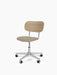 An angled view of the Co Task Chair with a natural oak backrest, beige upholstered seat, and polished aluminium base.
