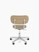 Back view of the Co Task Chair with a natural oak backrest, beige seat, and polished aluminium five-star base on wheels.