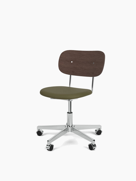 Angled view of the Co Task Chair, dark stained oak back, olive green upholstered seat, and polished aluminium base.
