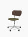 Angled view of the Co Task Chair, dark stained oak back, olive green upholstered seat, and polished aluminium base.
