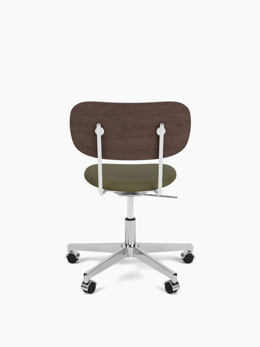 Co Task Chair with a dark stained oak backrest, an olive green upholstered seat, and a polished aluminium base with castors.