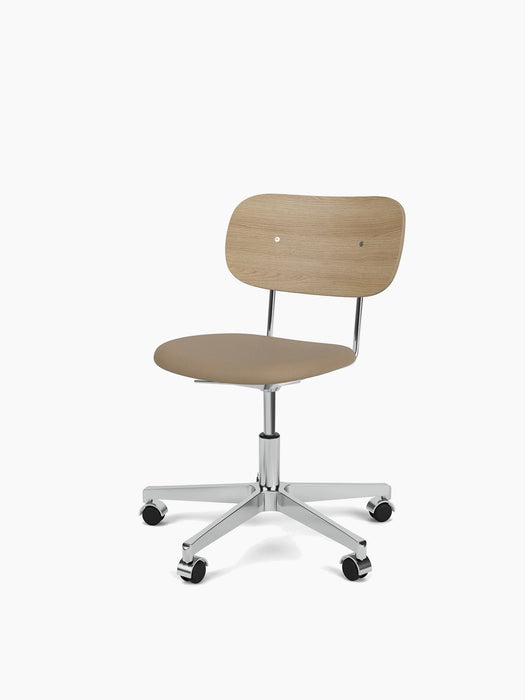 A Co Task Chair with a beige upholstered seat, natural oak backrest, and polished aluminium five-star base with wheels.