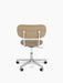 Back view of the Co Task Chair with a natural oak backrest, upholstered seat, and a polished aluminium base on castors.