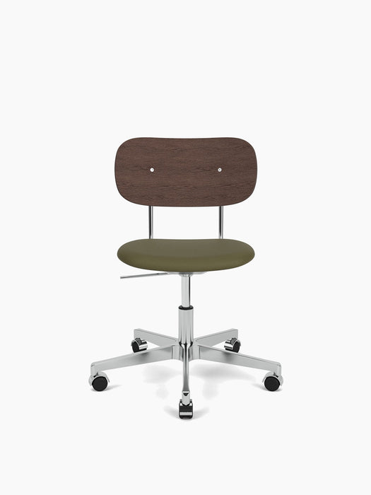 Front view of the Co Task Chair with a dark stained oak back, an olive green upholstered seat, and a polished aluminium base.