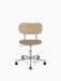 Front view of the Co Task Chair, natural oak backrest, light brown upholstered seat, polished aluminium base with wheels.