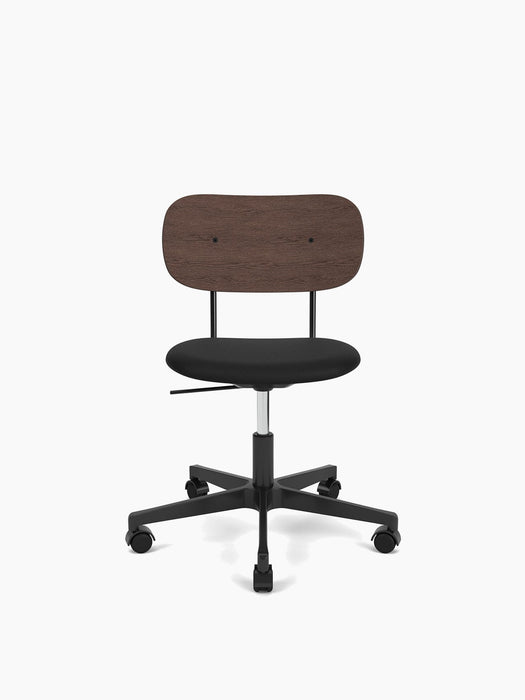 Front view of the Co Task Chair with a dark stained oak backrest, black upholstered seat, and a black five-star swivel base.