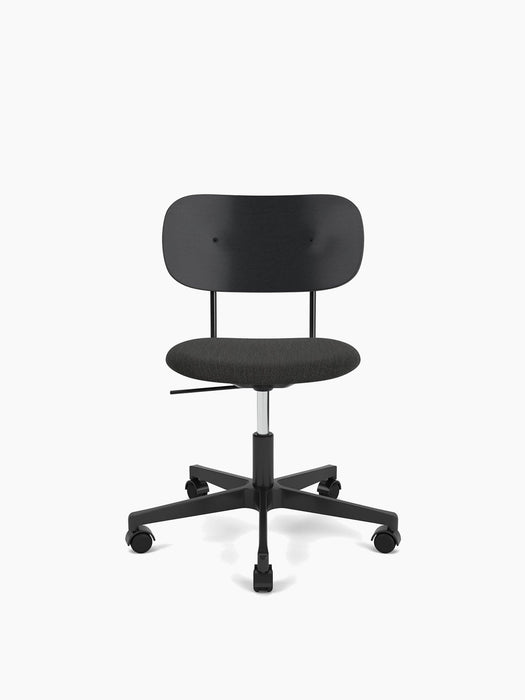 Front view of the Co Task Chair with a black wood backrest, dark upholstered seat, and a black five-star base with wheels.