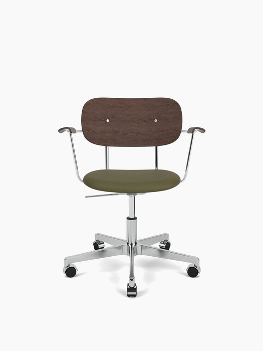 Front view of the Co Task Chair with a dark stained oak backrest, green upholstered seat, and aluminium base with wheels.