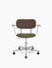 Front view of the Co Task Chair with a dark stained oak backrest, green upholstered seat, and aluminium base with wheels.