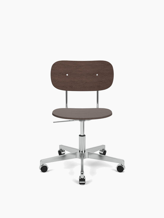 Front view of the Co Task Chair, Veneer, in dark stained oak with a polished aluminium five-star swivel base and castors.