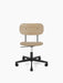 Front view of the Co Task Chair, Veneer, with a natural oak seat and backrest on a black five-star swivel base with casters.