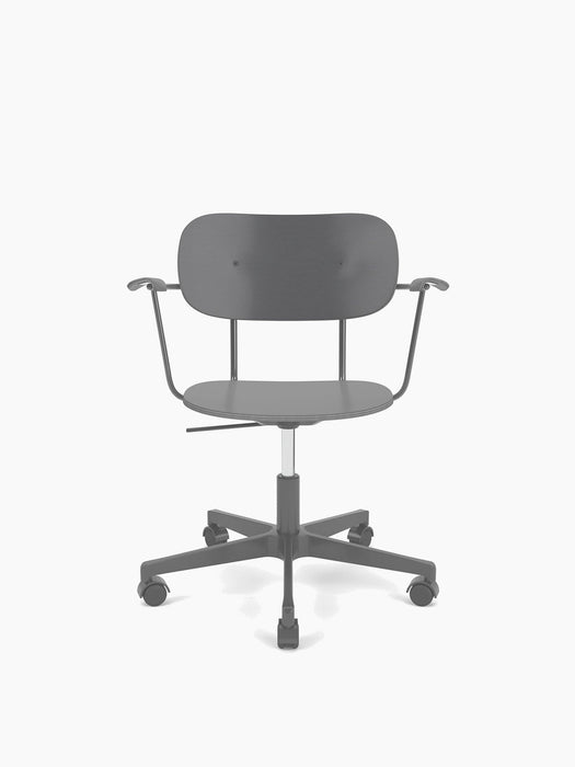 A front-facing view of the Co Task Chair in a dark grey veneer. The chair has slim armrests and a five-star base with wheels.