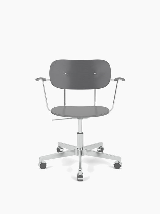 Front view of the Co Task Chair, Veneer, with a dark wood seat, chrome armrests, and a polished aluminum base with casters.