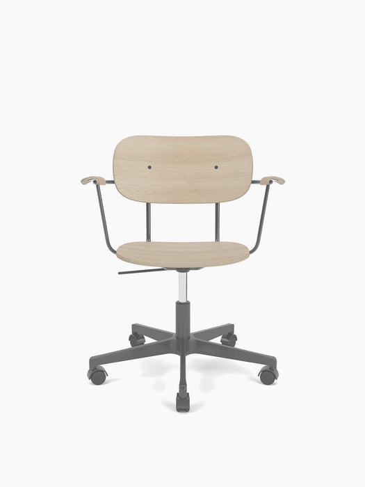 Co Task Chair with a natural oak veneer seat and back, black armrests and a matching black five-star base with wheels.