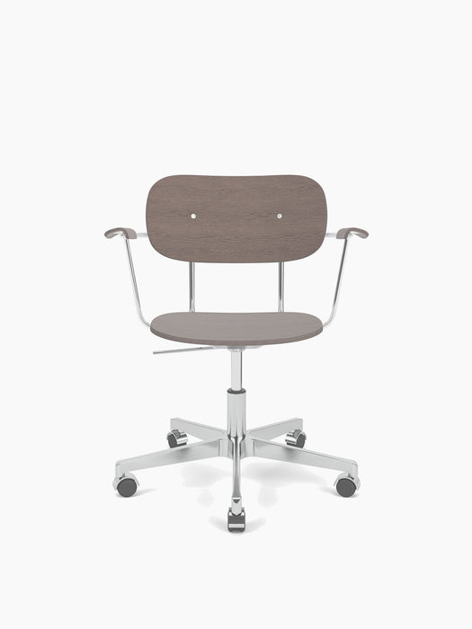 A Co Task Chair with a dark stained oak veneer seat, back, and armrests, on a polished aluminium five-star base with castors.