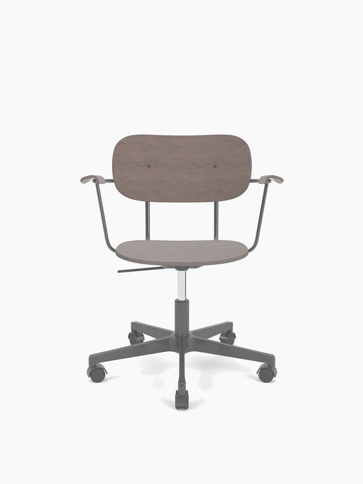 Front view of the Co Task Chair, Veneer in Dark Stained Oak, featuring black armrests and a matching five-star swivel base.