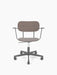 Front view of the Co Task Chair, Veneer in Dark Stained Oak, featuring black armrests and a matching five-star swivel base.