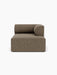 Front view of the Eave Modular Sofa, 96, Chaise Longue. The module is upholstered in brown fabric and has a curved right arm.