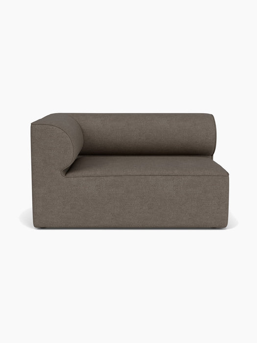Front view of the Eave Modular Sofa, 96, Corner 144 left module in a textured dark brown fabric against a white background.
