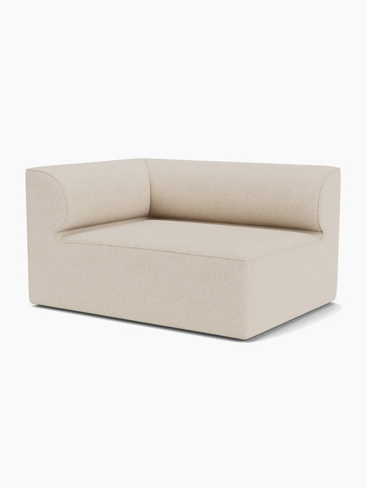 An angled view of the Eave Modular Sofa, 96, Corner 144 left-hand module, upholstered in a light beige textured fabric.