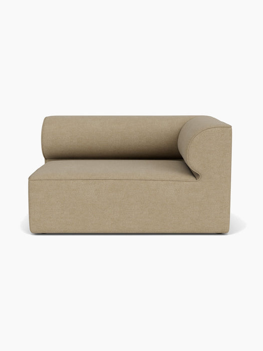 A front-on view of the Eave Modular Sofa, 96, Corner 144, a right-hand module upholstered in light brown bouclé fabric.