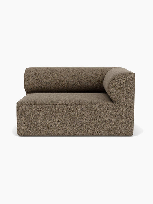 A front view of the Eave Modular Sofa, 96, Corner 144, shown as a right module upholstered in textured brown Safire 001.