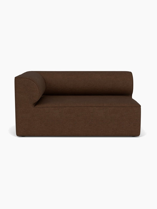 Front view of the Eave Modular Sofa, 96, Corner 144, featuring a curved backrest and dark brown Audo Bouclé 07 upholstery.