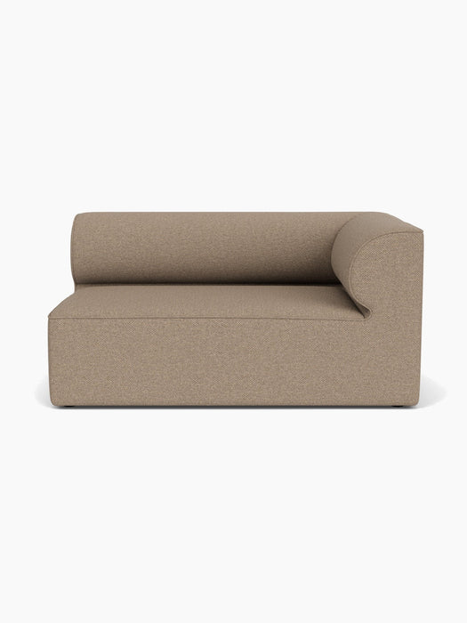 Front view of the Eave Modular Sofa, 96, Corner 144. A right-hand module upholstered in light brown Logan Flint fabric.