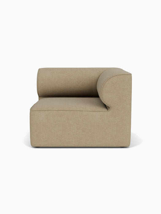 Front view of the Eave Modular Sofa, 96, Corner Right module in a light brown bouclé fabric on a white background.