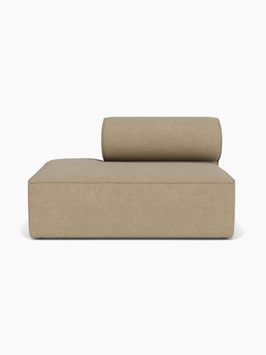 Front view of the Eave Modular Sofa, 96, Open End 144 chaise longue module, upholstered in a textured, light brown fabric.