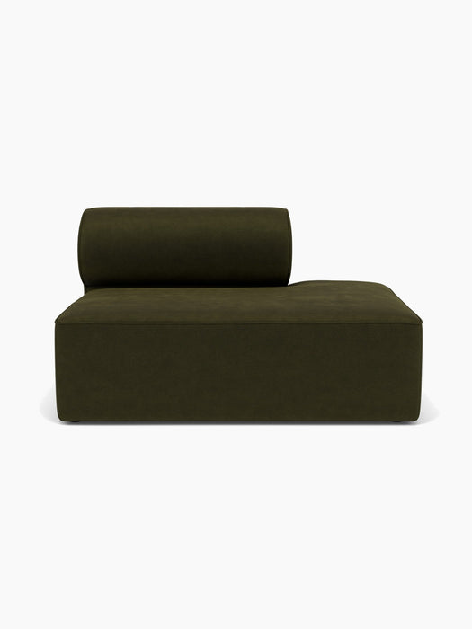 Front view of the Eave Modular Sofa, 96, Open End 144 module in dark olive green fabric with a distinctive curved backrest.