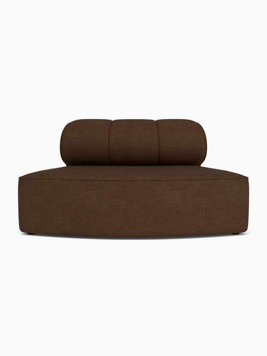 Front view of the Eave Seamline Modular Sofa, a convex open section upholstered in textured, dark brown Audo Bouclé fabric.