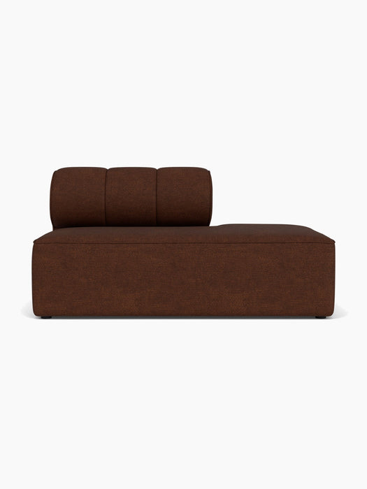 A front-on studio shot of the Eave Seamline Modular Sofa, Open End, upholstered in textured brown Audo Bouclé 08 fabric.