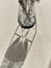 A high-angle, close-up shot of the Échasse Vase in smoked glass with a brass stand, holding sprigs and casting a long shadow.