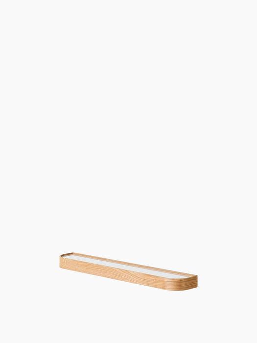 A long, shallow light oak tray with rounded corners and a white inner base, viewed at an angle on a white background.