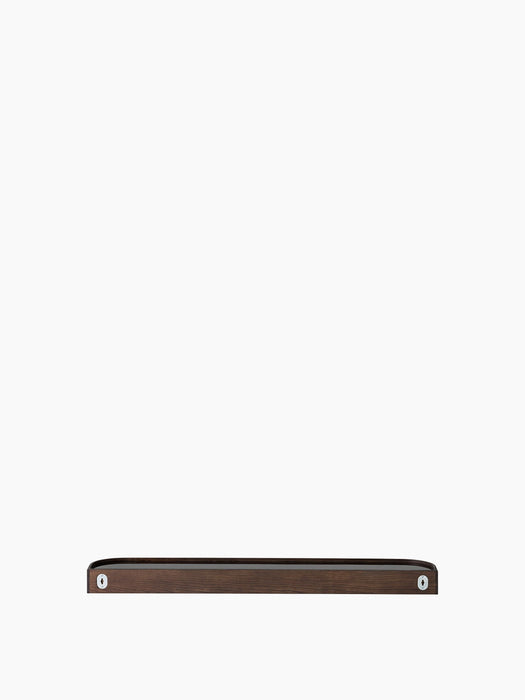 A back-facing view of a narrow shelf in dark wood, featuring silver mounting hardware at both ends, on a white background.