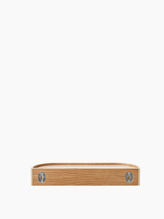 A close-up view of the back of the light oak Epoch Shelf 50, highlighting the two silver-coloured keyhole wall mounts.
