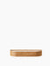 Low, front-on view of the Epoch Shelf 50 in natural wood finish. Minimalist design with a curved front edge.
