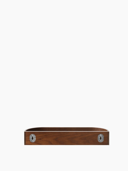 Rear view of the dark stained wooden Epoch Shelf 50, featuring a high back and two silver-coloured metal keyhole mounts.