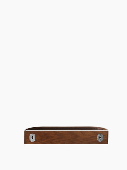 A back view of the dark-stained wooden Epoch Shelf 50, showing the two metal keyhole brackets for wall mounting.