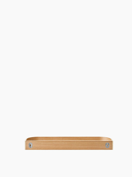 Back view of the Epoch Shelf 79 High Back in natural oak, showing the two keyhole mounts for wall hanging.